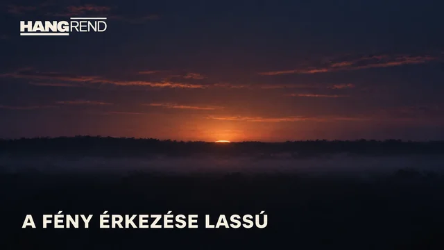 Hangrend – A fény érkezése lassú. A nap első fénye ködös erdő fölött, sötét kékes ég alatt.