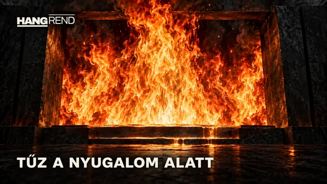 Hangrend – Tűz a Nyugalom Alatt. Hatalmas lángok egy fekete kőkapuban.