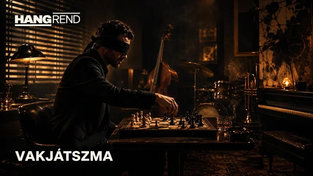Hangrend – Vakjátszma. Bekötött szemű férfi sakkozik egy meleg fényű, hangszerekkel teli szobában.